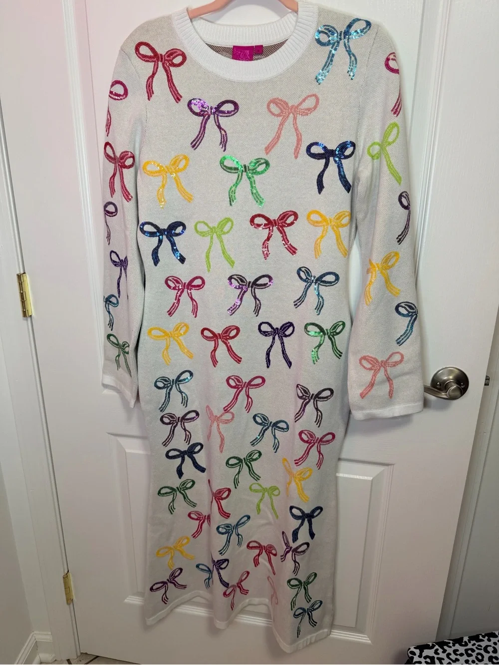 QUEEN OF SPARKLES Cream Maxi Dress with Multicolor Bow Motif